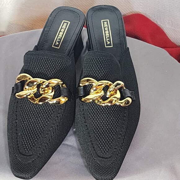 Newbella Black Mousse Fit Pointed Toe Square Heel Gold Tone Chain Dress Mule 7.5 - Picture 5 of 16